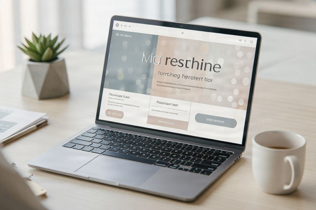 A clean and modern website mockup displayed on a laptop screen, professional design.